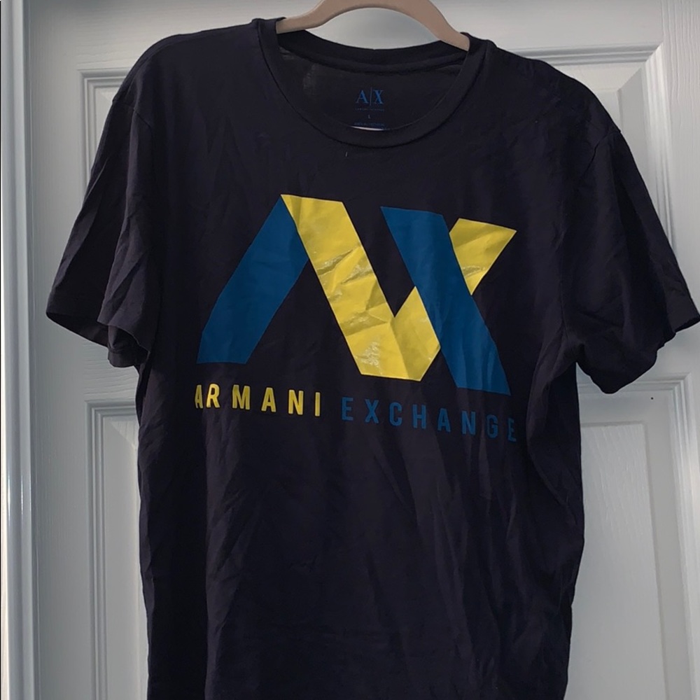 Armani Exchange blue and yellow logo graphic tee
